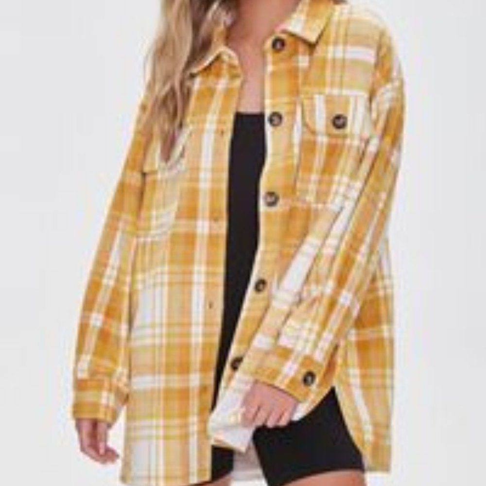 Yellow and White Plaid Button-Front Shacket